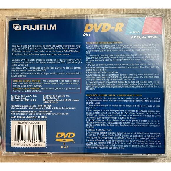 5 New Sealed FUJIFILM Data  Video R4.7 GB 120 Minutes DVD-R Disc Clam Shell Case - Picture 4 of 10